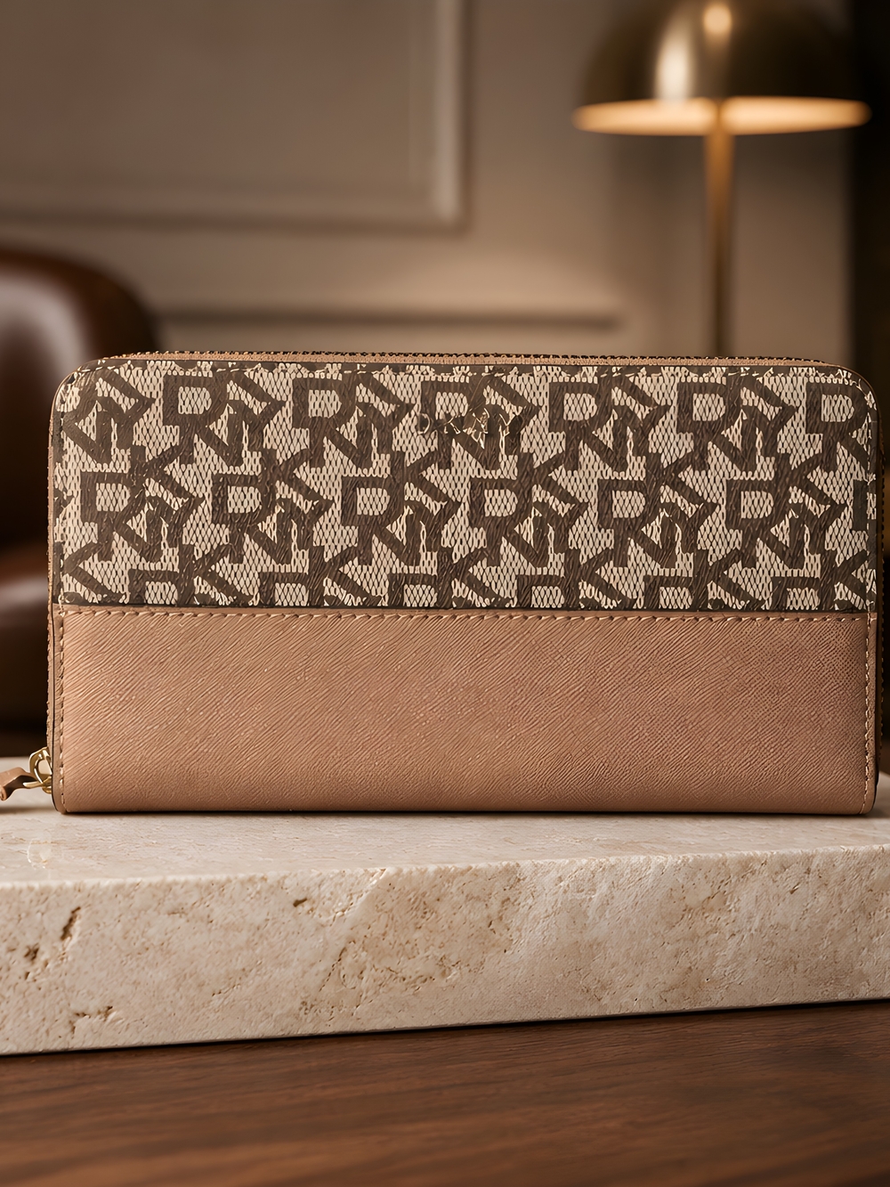 Dkny Beige & Brown Logo Zip-Around Wallet